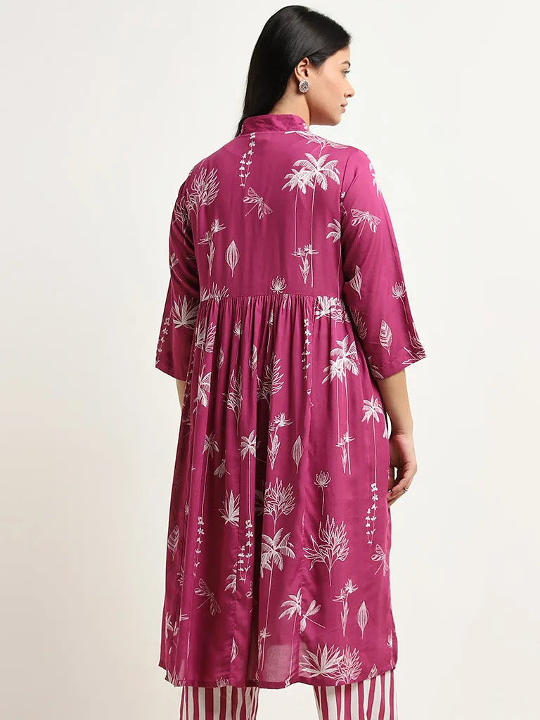 Diza Purple Foliage Print A-Line Kurta