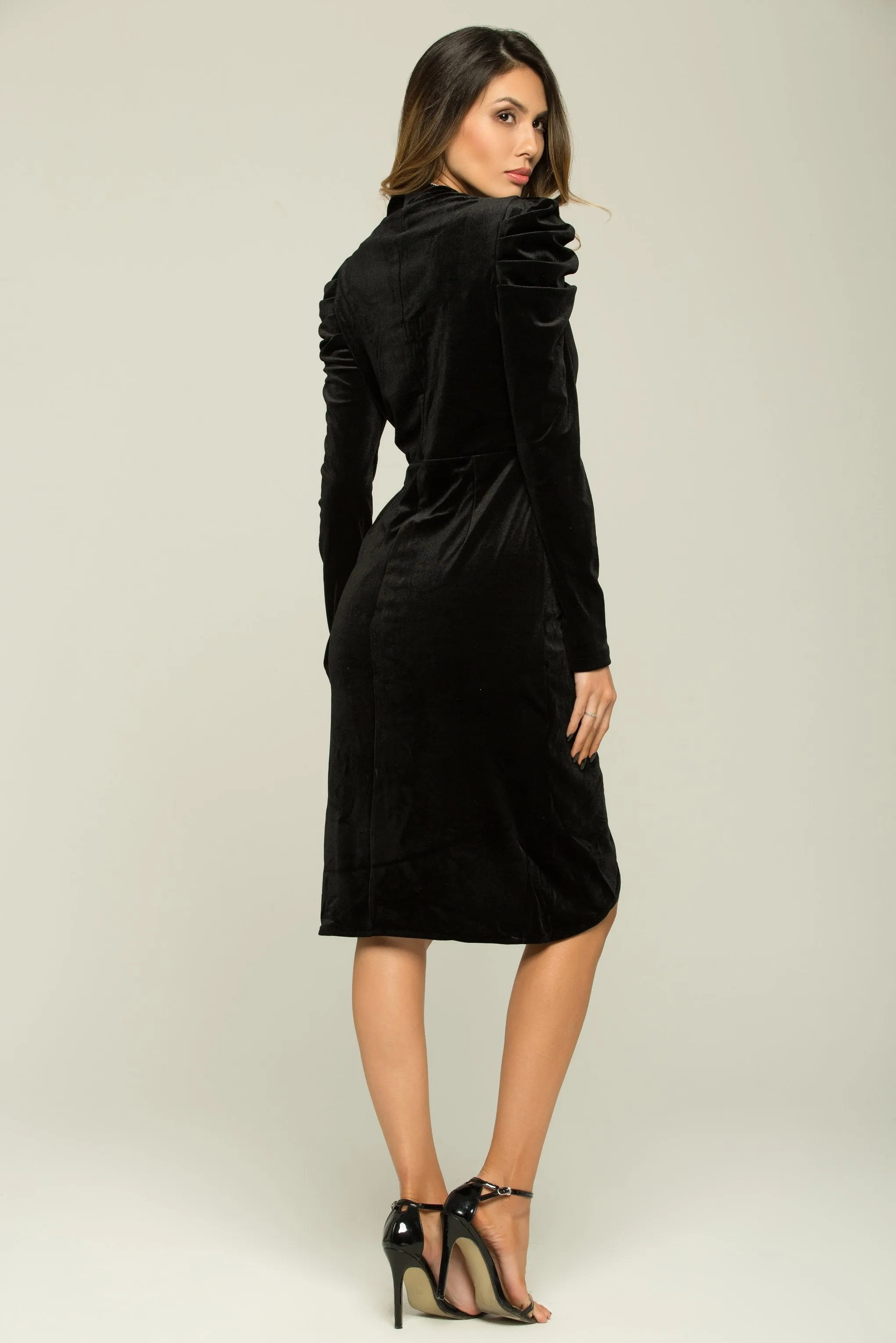 Elegant Black Velvet Front Slit Midi Dress