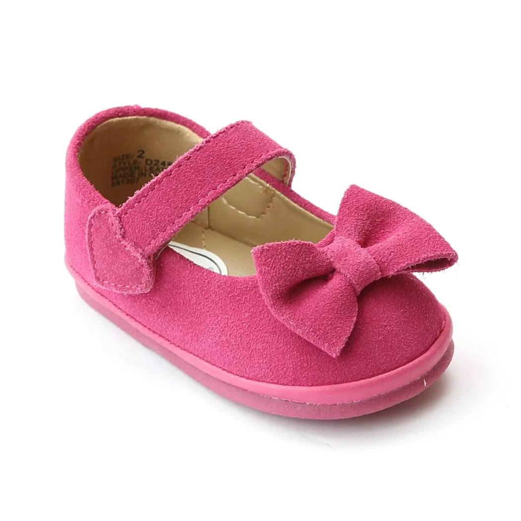 FINAL SALE - Angel Baby Girls Black Nubuck Leather Bow Mary Janes