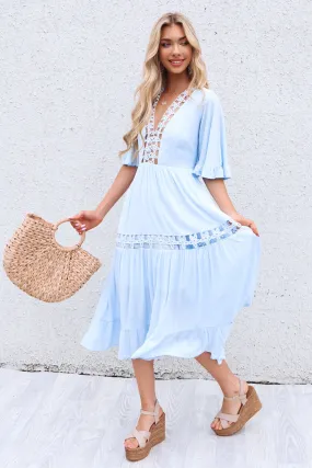 Flora Boho Midi Dress - Baby Blue