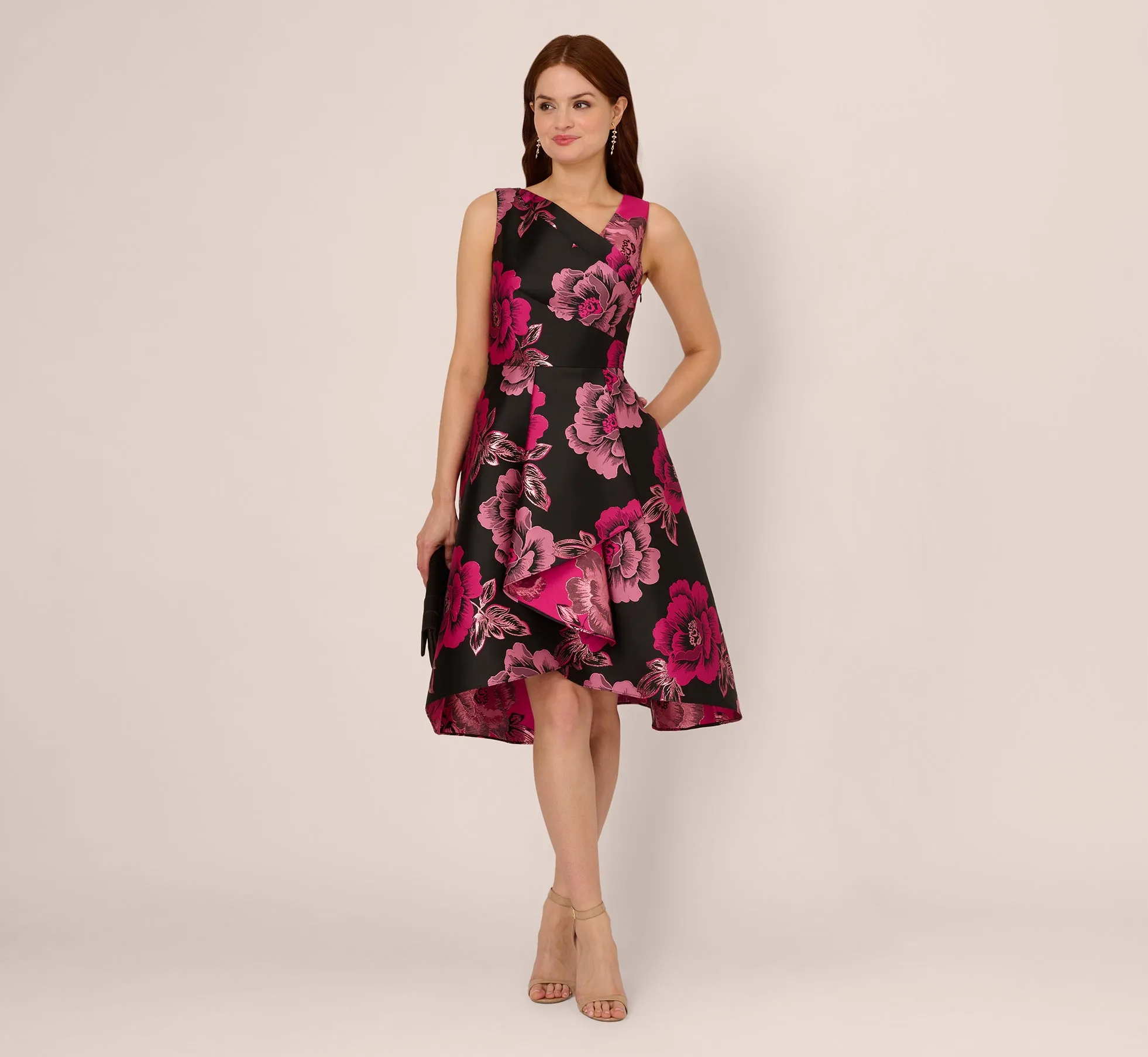 Floral Jacquard High Low Midi Dress With Asymmetrical Neckline In Black Pink