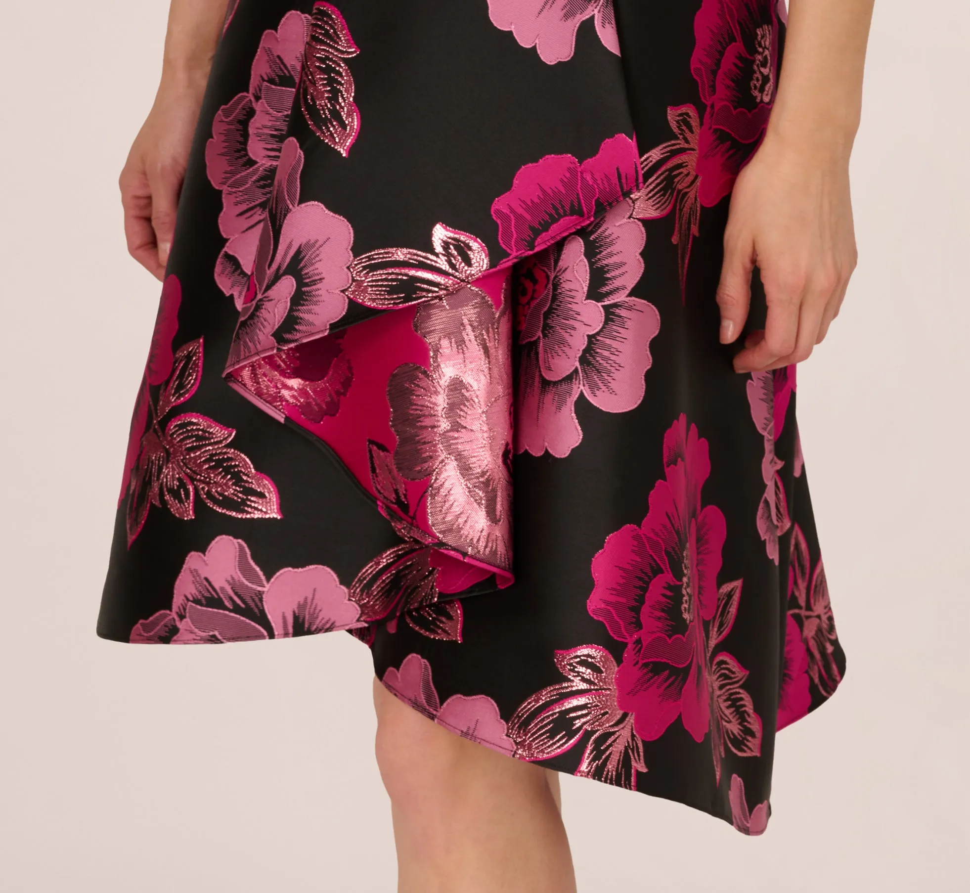 Floral Jacquard High Low Midi Dress With Asymmetrical Neckline In Black Pink