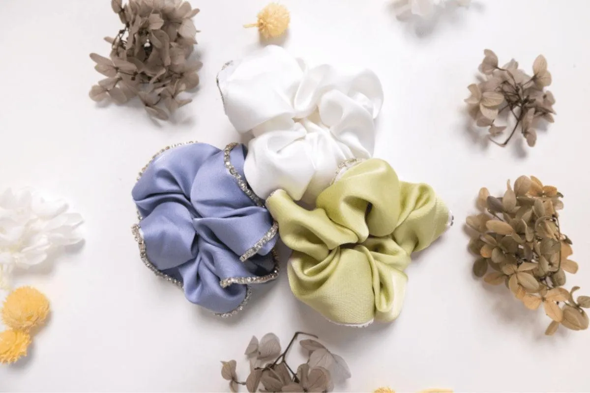 Fresh Embellished Silk Scrunchies Trio