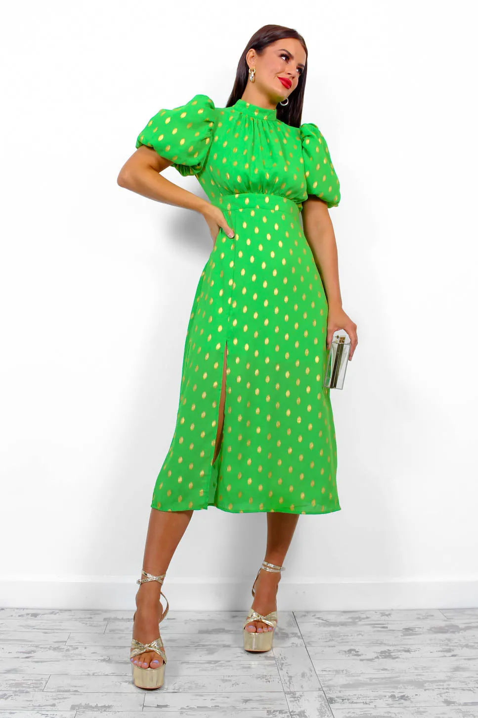 Got The Flower - Green Gold Foil Midi Dress