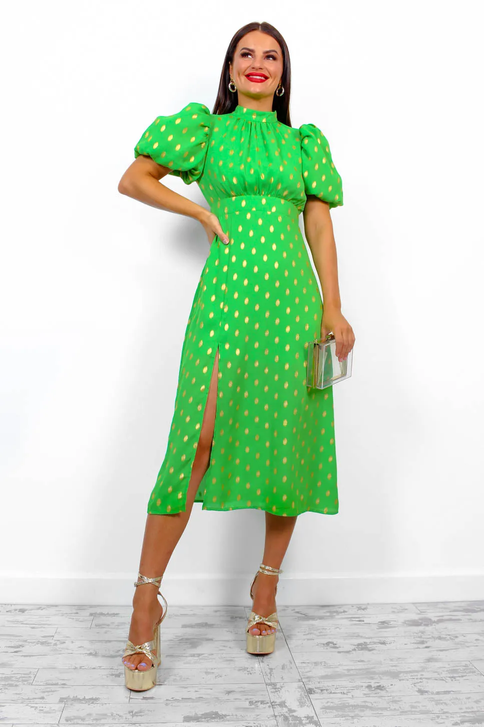 Got The Flower - Green Gold Foil Midi Dress