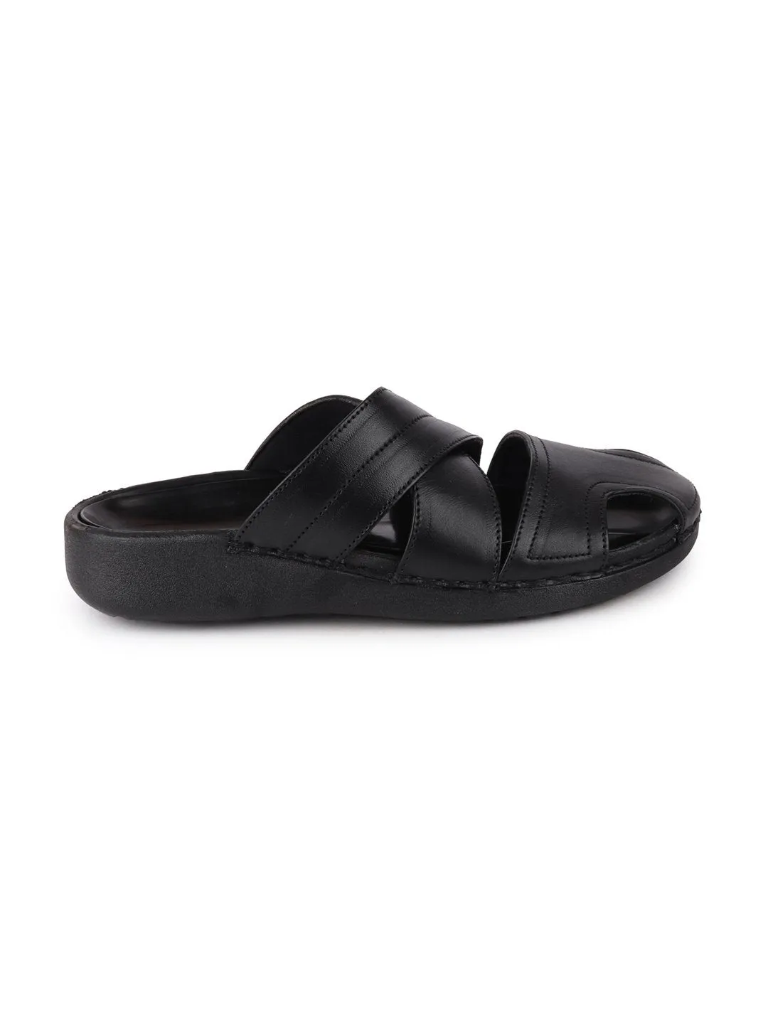 Men Black Formal Leather Slip-On Flat Sandals