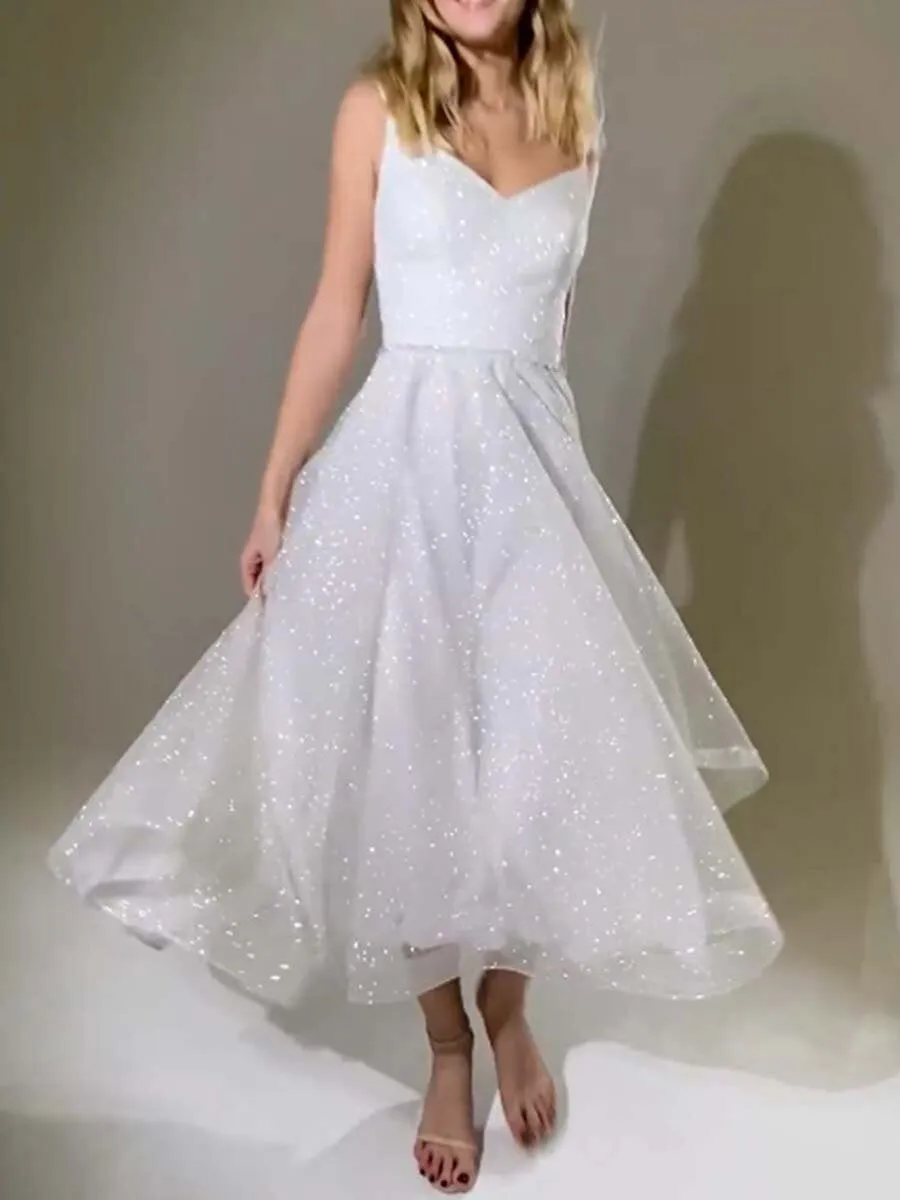 Mid-length White Dress With Glitter Suspenders Temperament