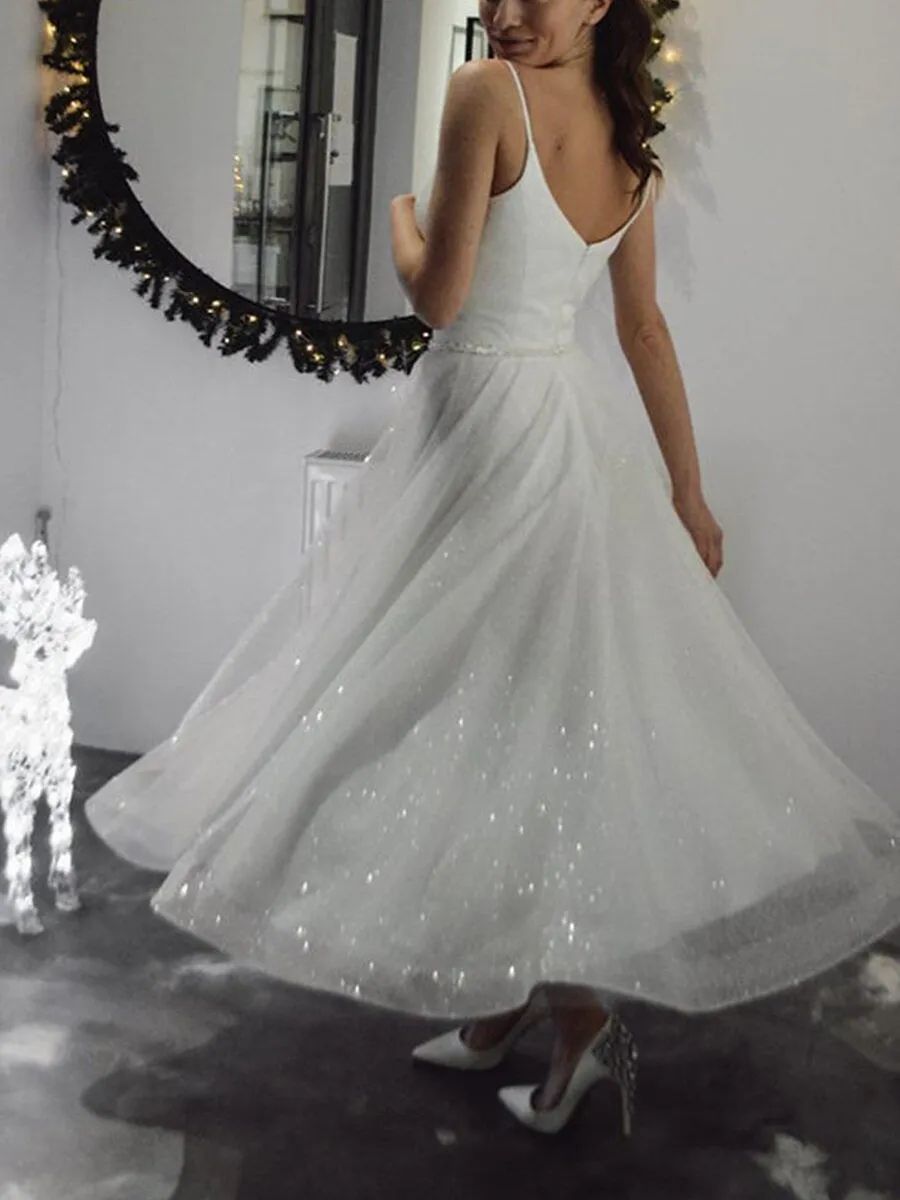 Mid-length White Dress With Glitter Suspenders Temperament