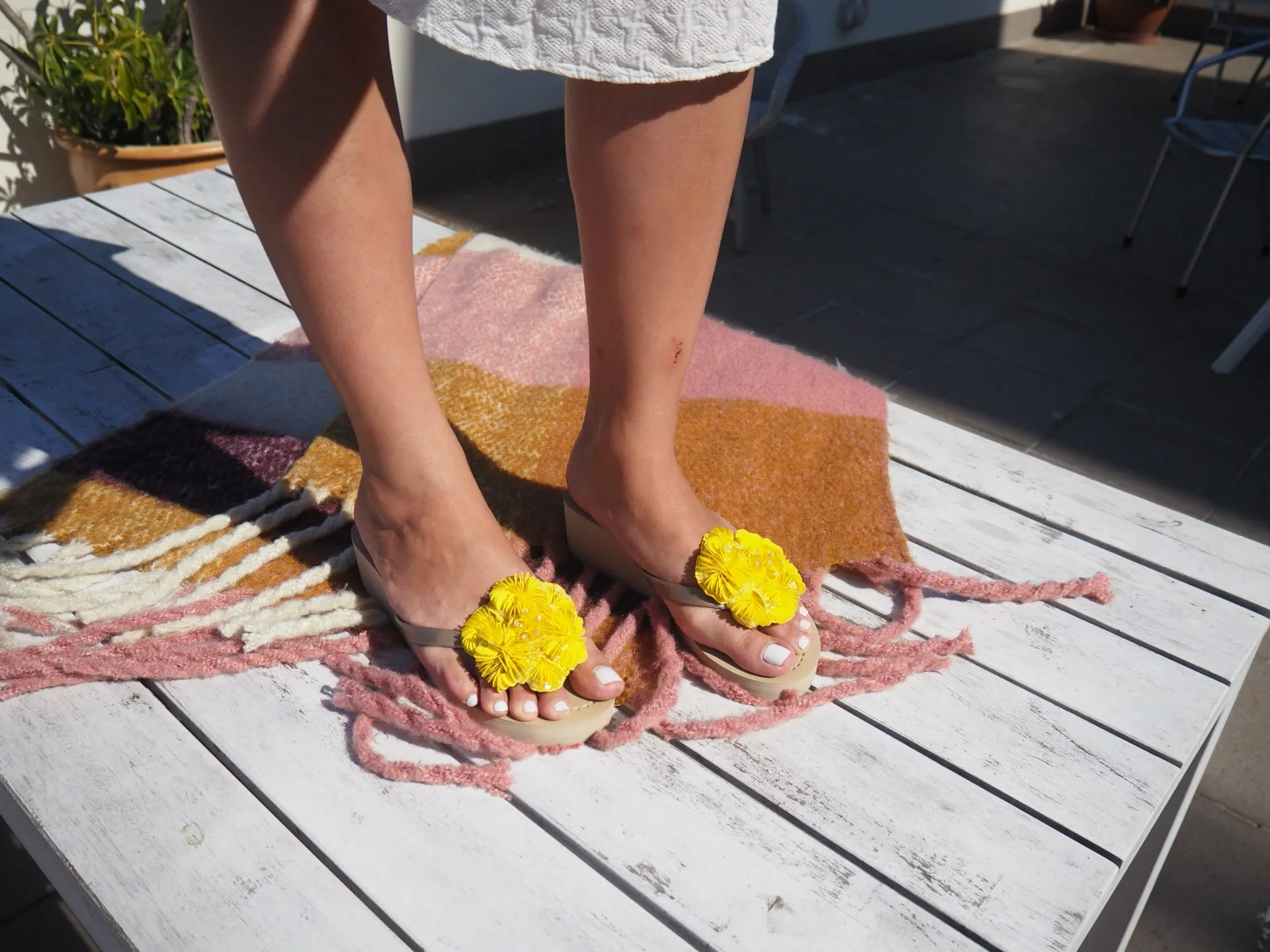 Noho Yellow Flower - Sequence Embroidered Mid Wedge Flip Flops