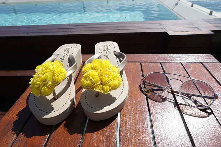 Noho Yellow Flower - Sequence Embroidered Mid Wedge Flip Flops