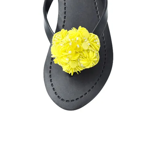 Noho Yellow Flower - Sequence Embroidered Mid Wedge Flip Flops