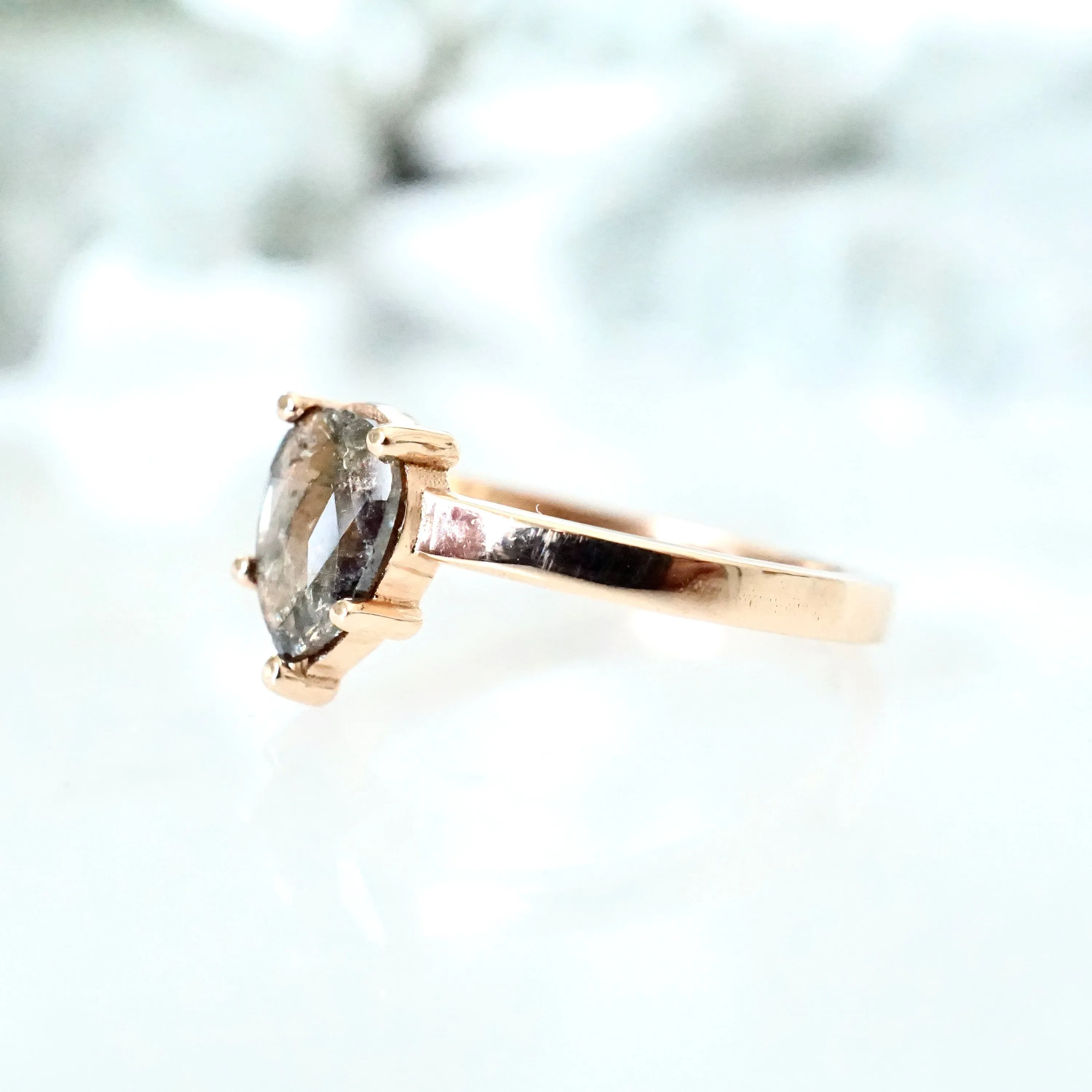 Pear Salt and Pepper Diamond Ring - Grey Diamond Ring Rose Gold - Rustic Womens Engagement Ring