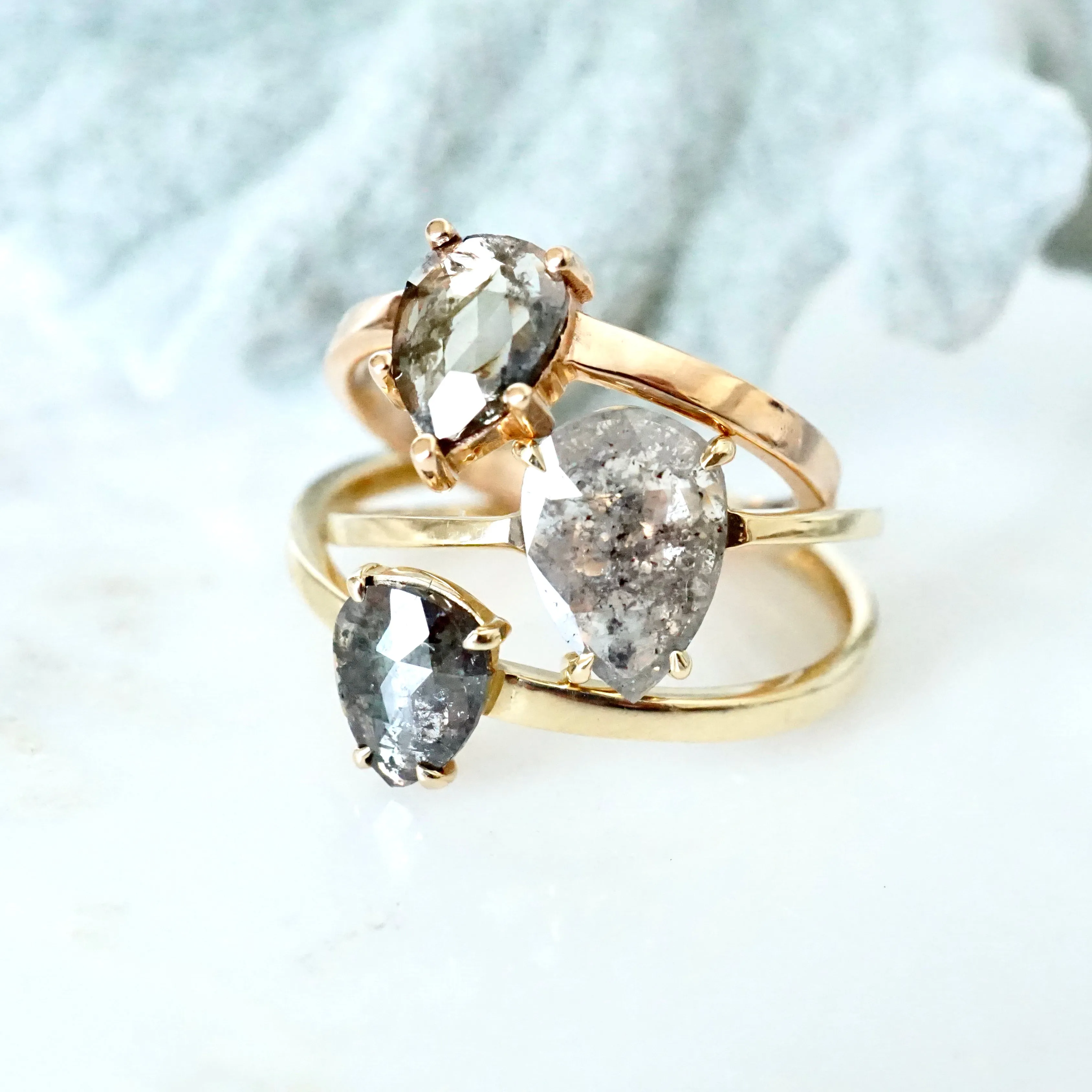 Pear Salt and Pepper Diamond Ring - Grey Diamond Ring Rose Gold - Rustic Womens Engagement Ring