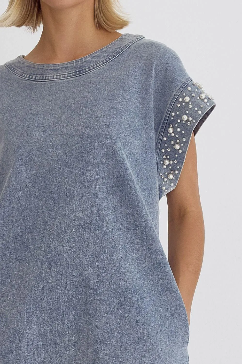 Pearl Embellished Denim Dress