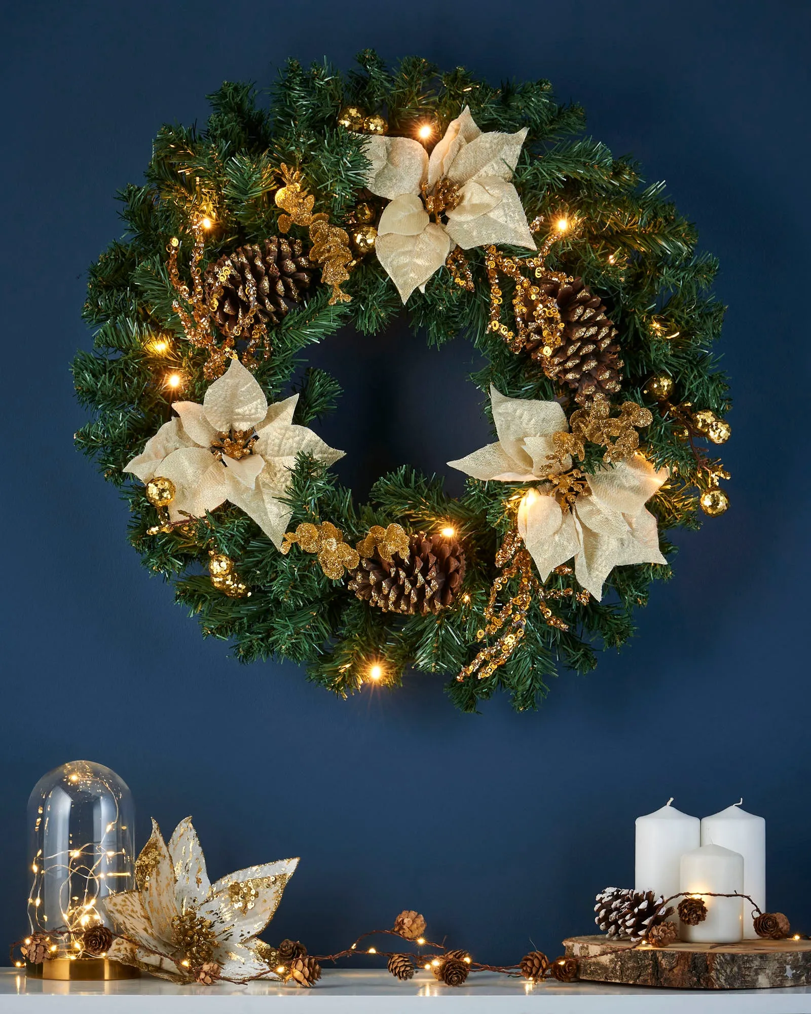 Pre-Lit Decorated Wreath, Gold/Cream, 60 cm