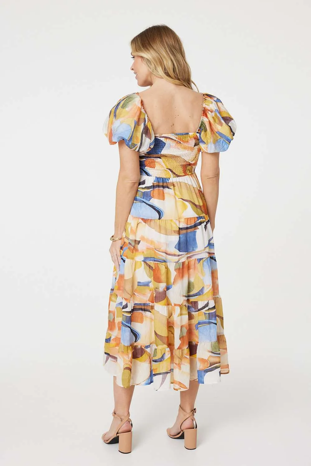 Printed Puff Sleeve Midi Dress