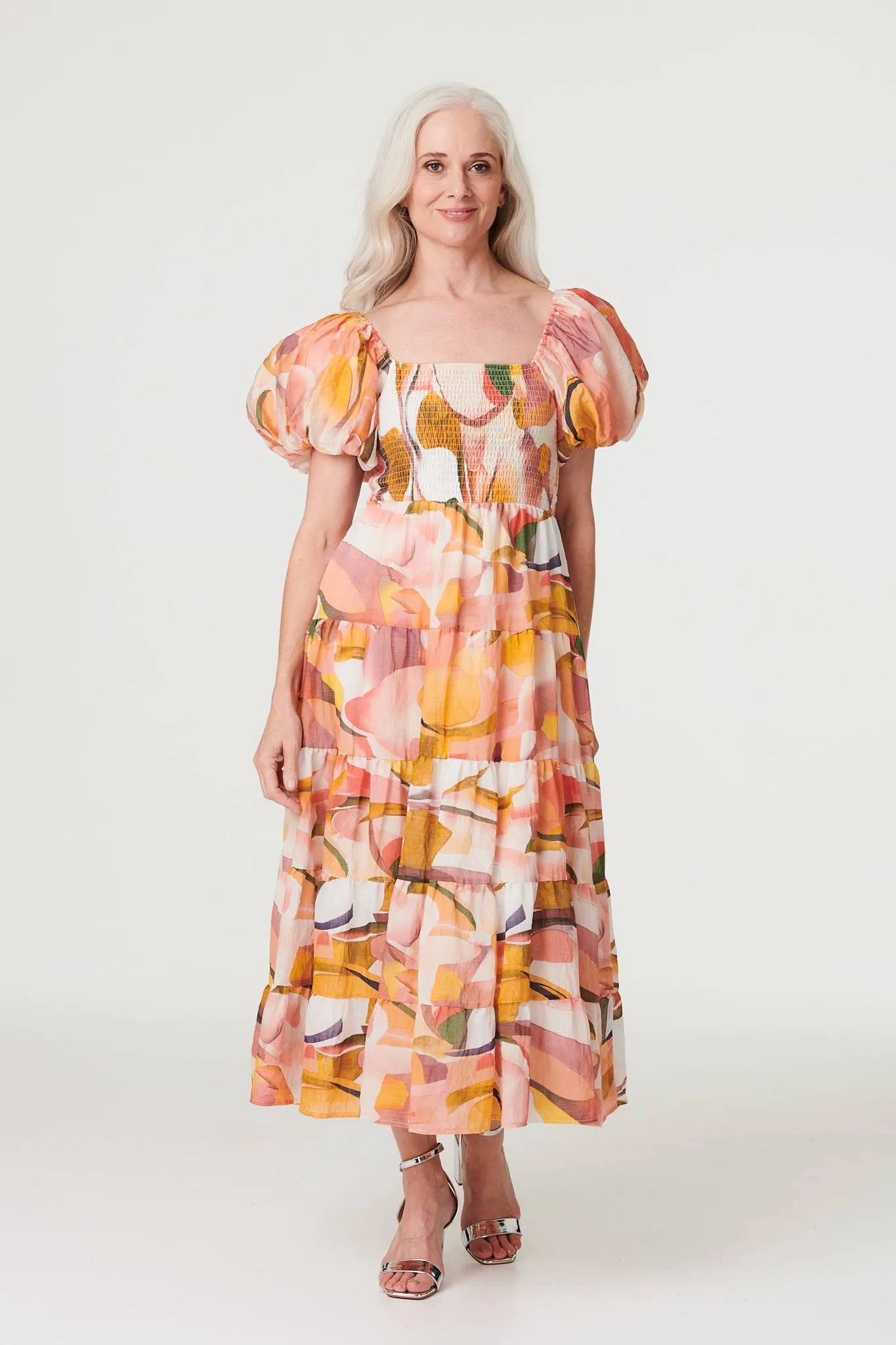 Printed Puff Sleeve Midi Dress