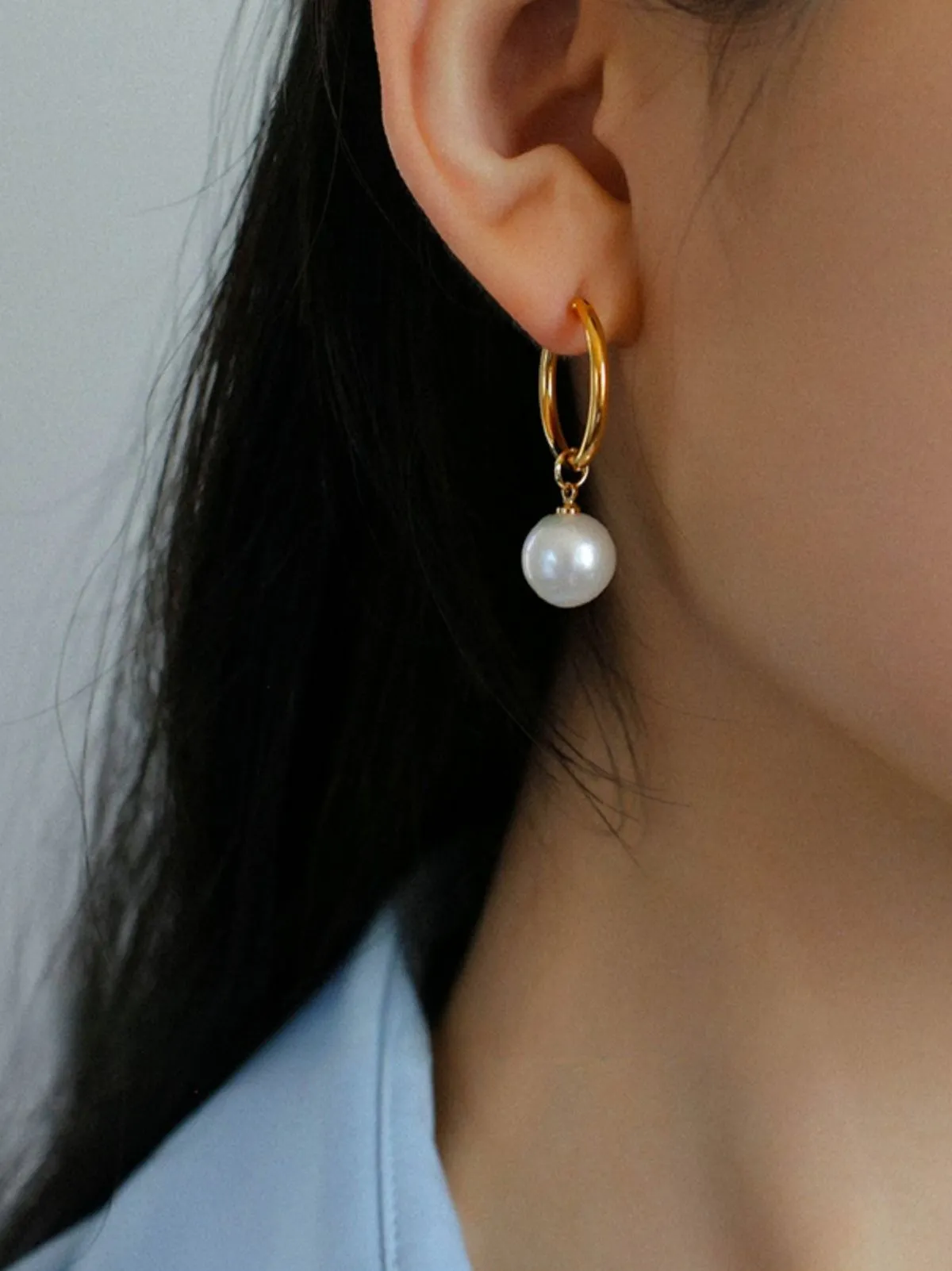 Round Baroque Pearl Drop Hoop Earrings