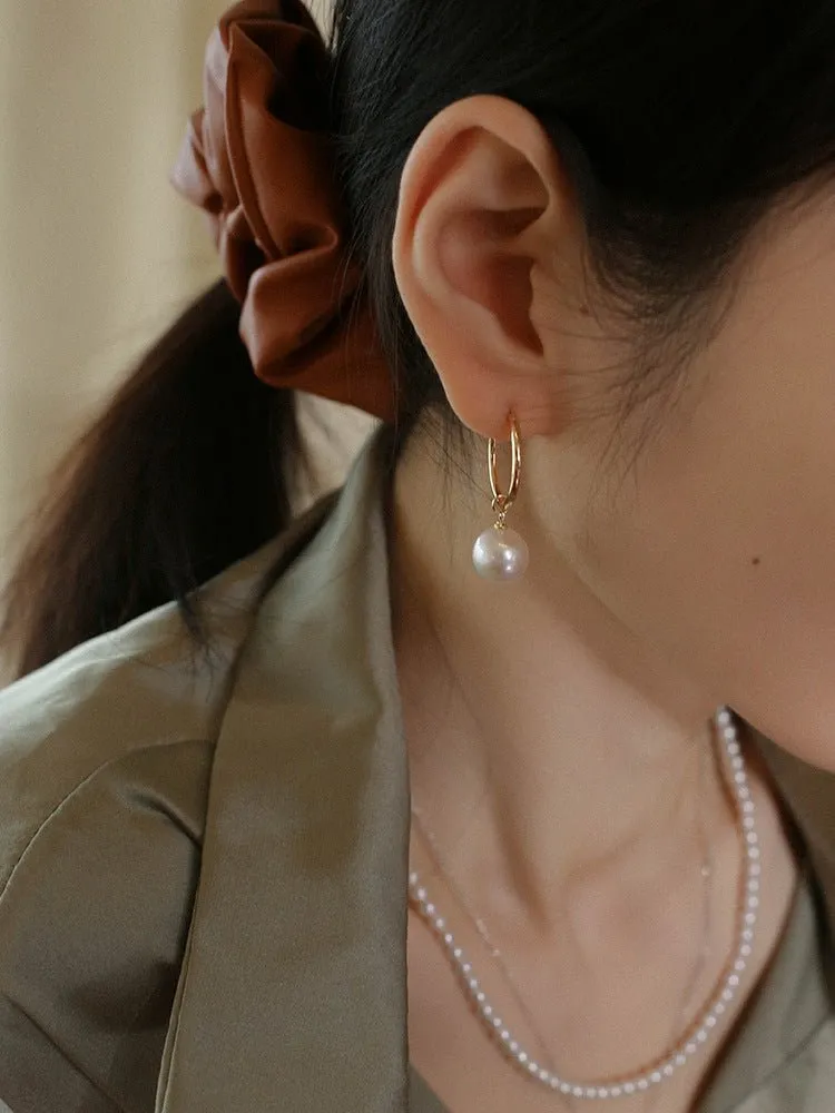 Round Baroque Pearl Drop Hoop Earrings