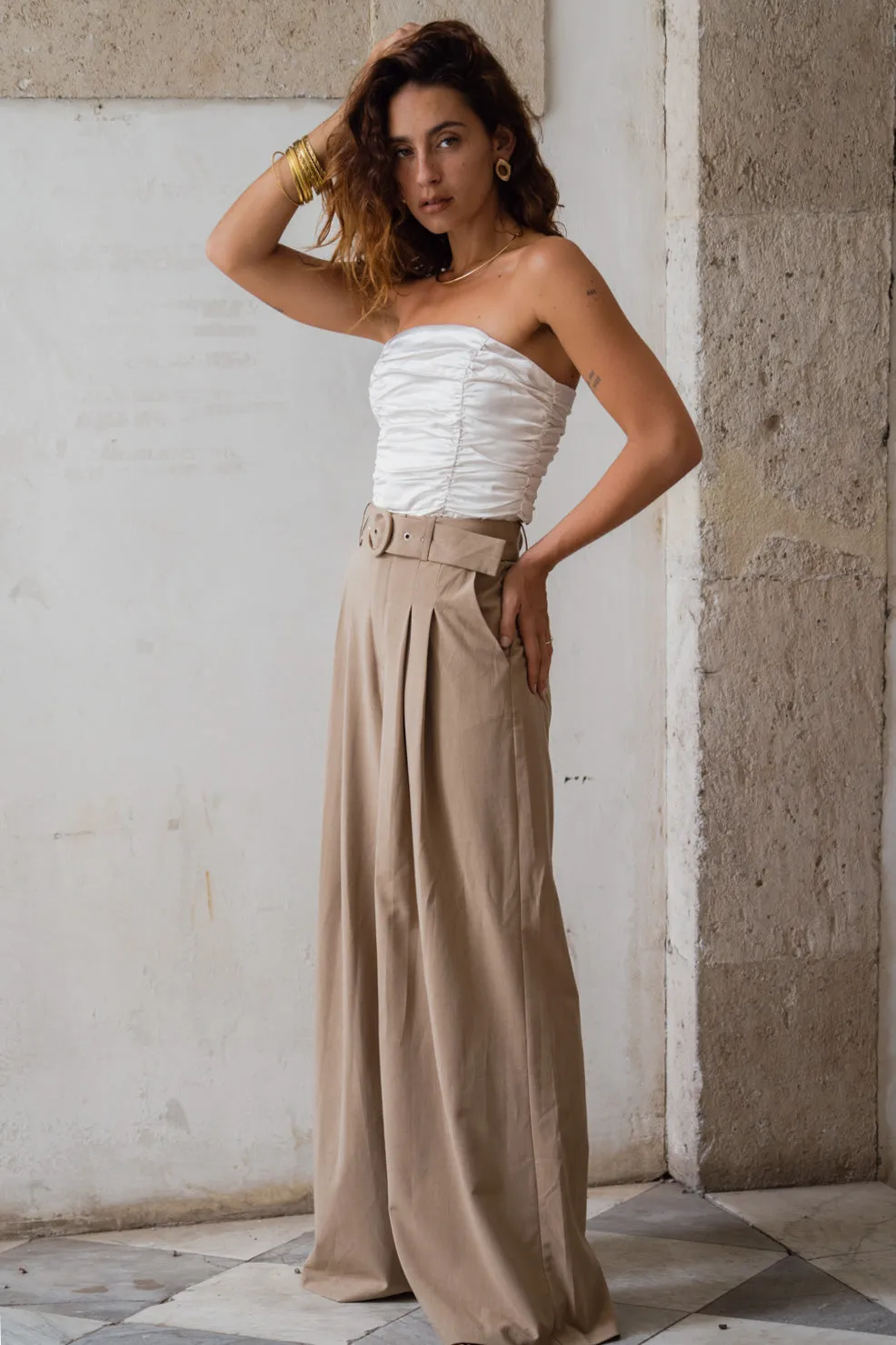 Savina Ivory Strapless Ruched Satin Top