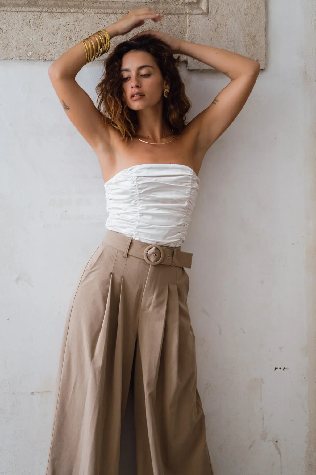 Savina Ivory Strapless Ruched Satin Top