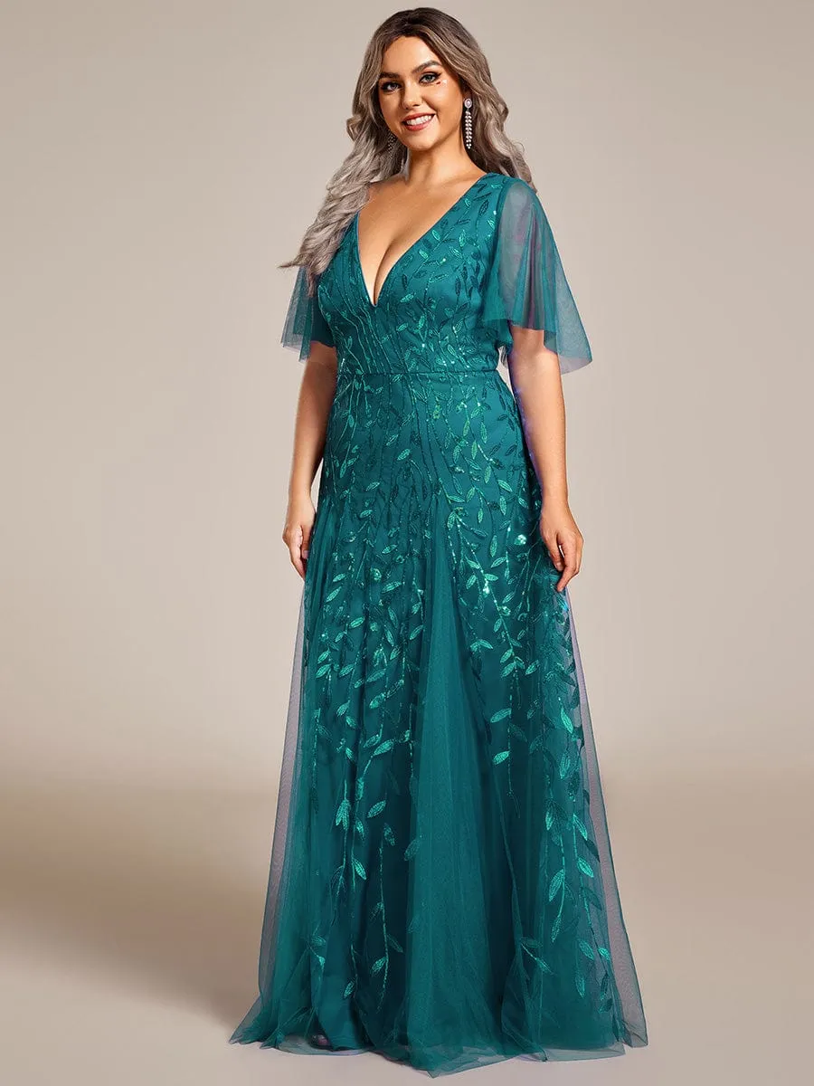 Shimmery V Neck Ruffle Sleeves Sequin Maxi Long Evening Dress