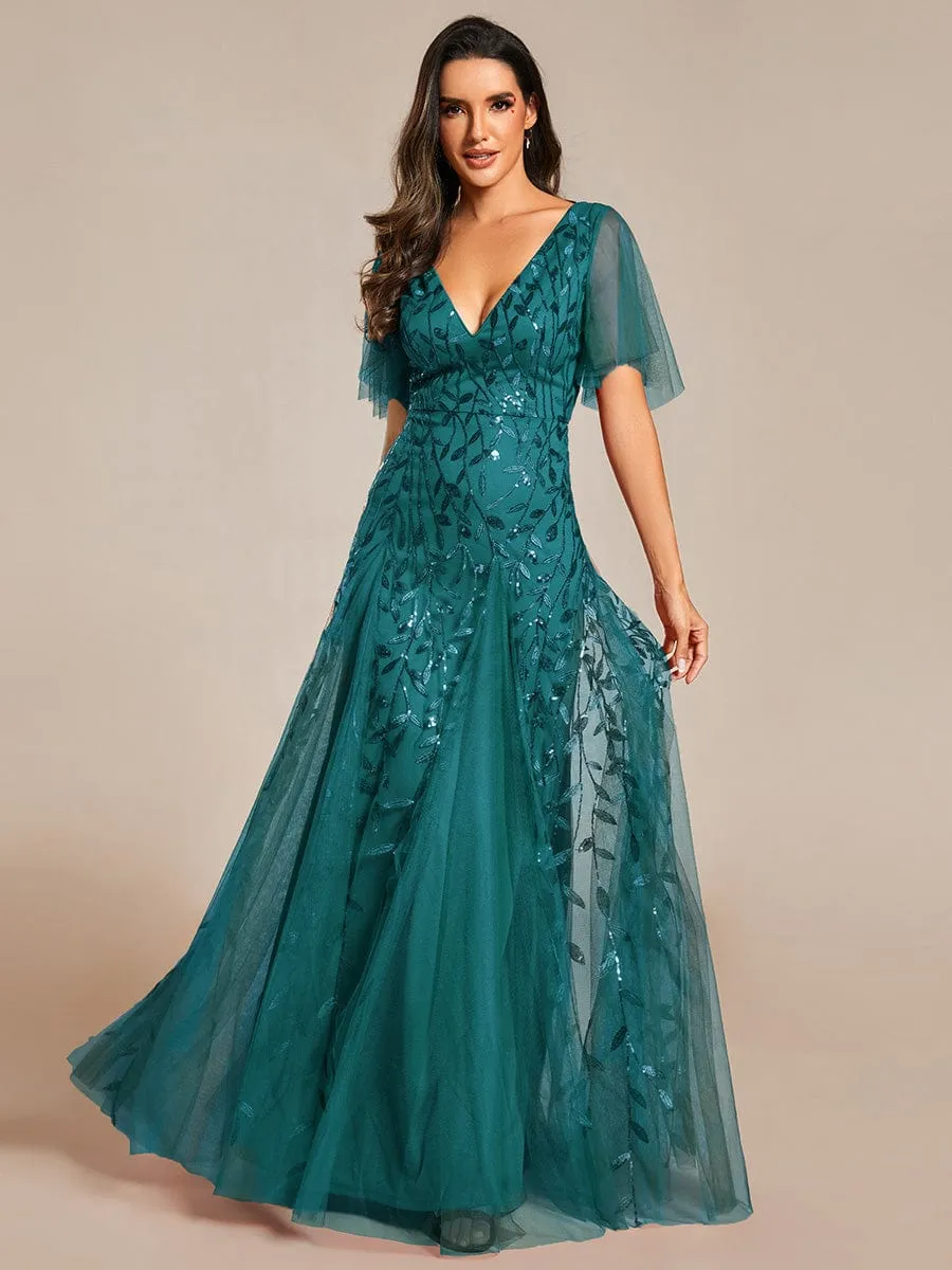 Shimmery V Neck Ruffle Sleeves Sequin Maxi Long Evening Dress