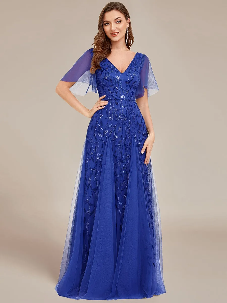 Shimmery V Neck Ruffle Sleeves Sequin Maxi Long Evening Dress