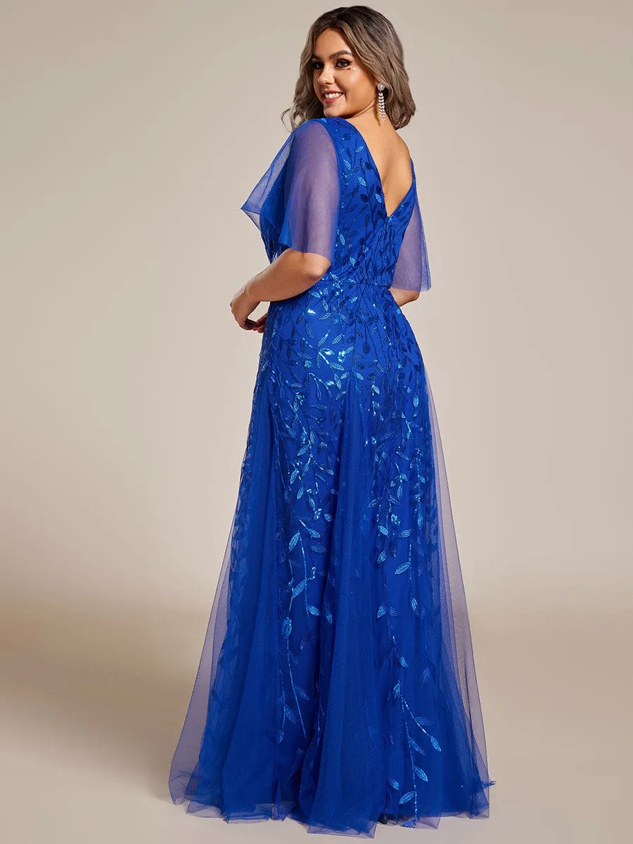 Shimmery V Neck Ruffle Sleeves Sequin Maxi Long Evening Dress