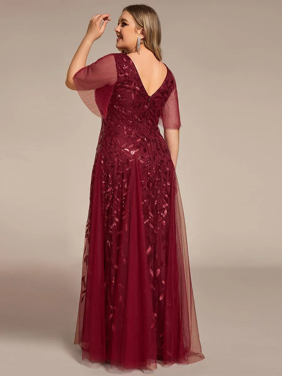 Shimmery V Neck Ruffle Sleeves Sequin Maxi Long Evening Dress