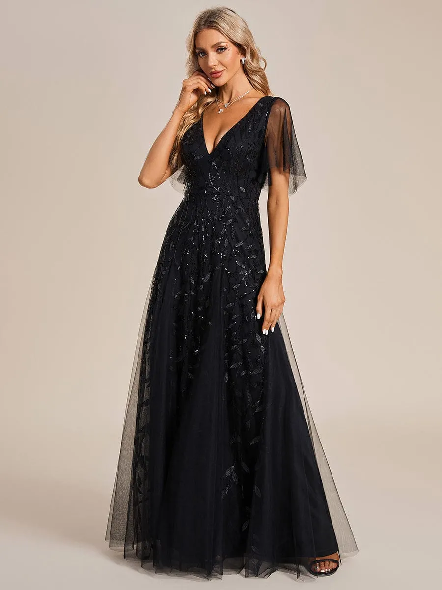 Shimmery V Neck Ruffle Sleeves Sequin Maxi Long Evening Dress