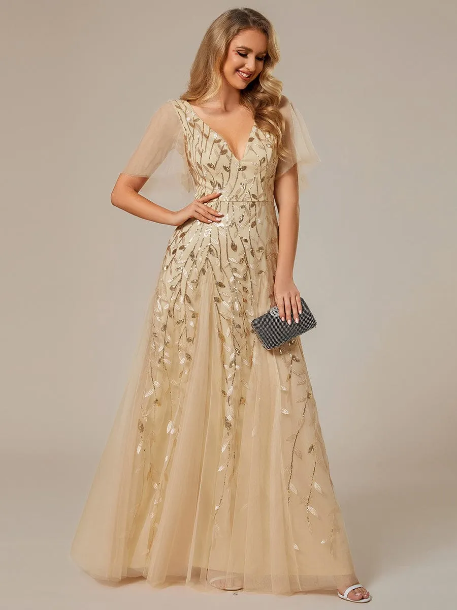 Shimmery V Neck Ruffle Sleeves Sequin Maxi Long Evening Dress