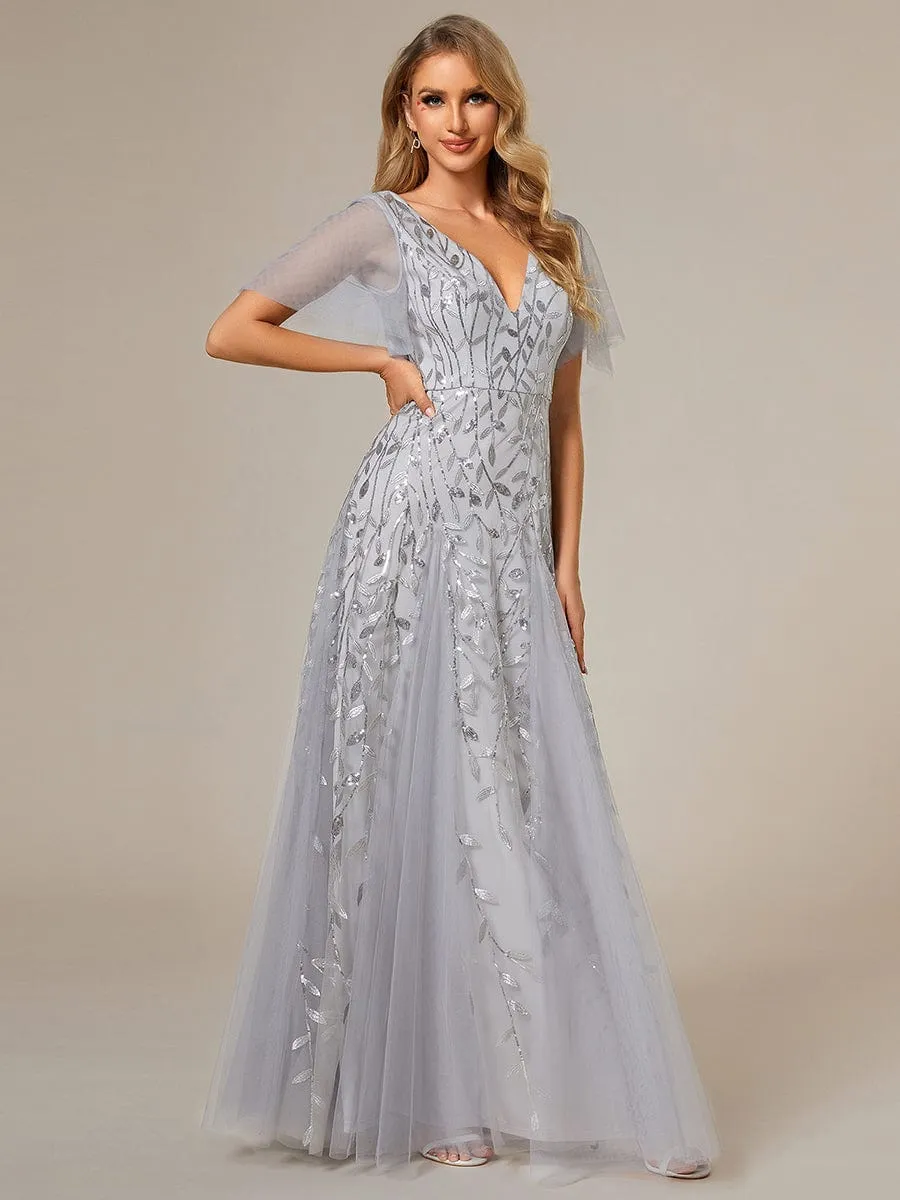 Shimmery V Neck Ruffle Sleeves Sequin Maxi Long Evening Dress