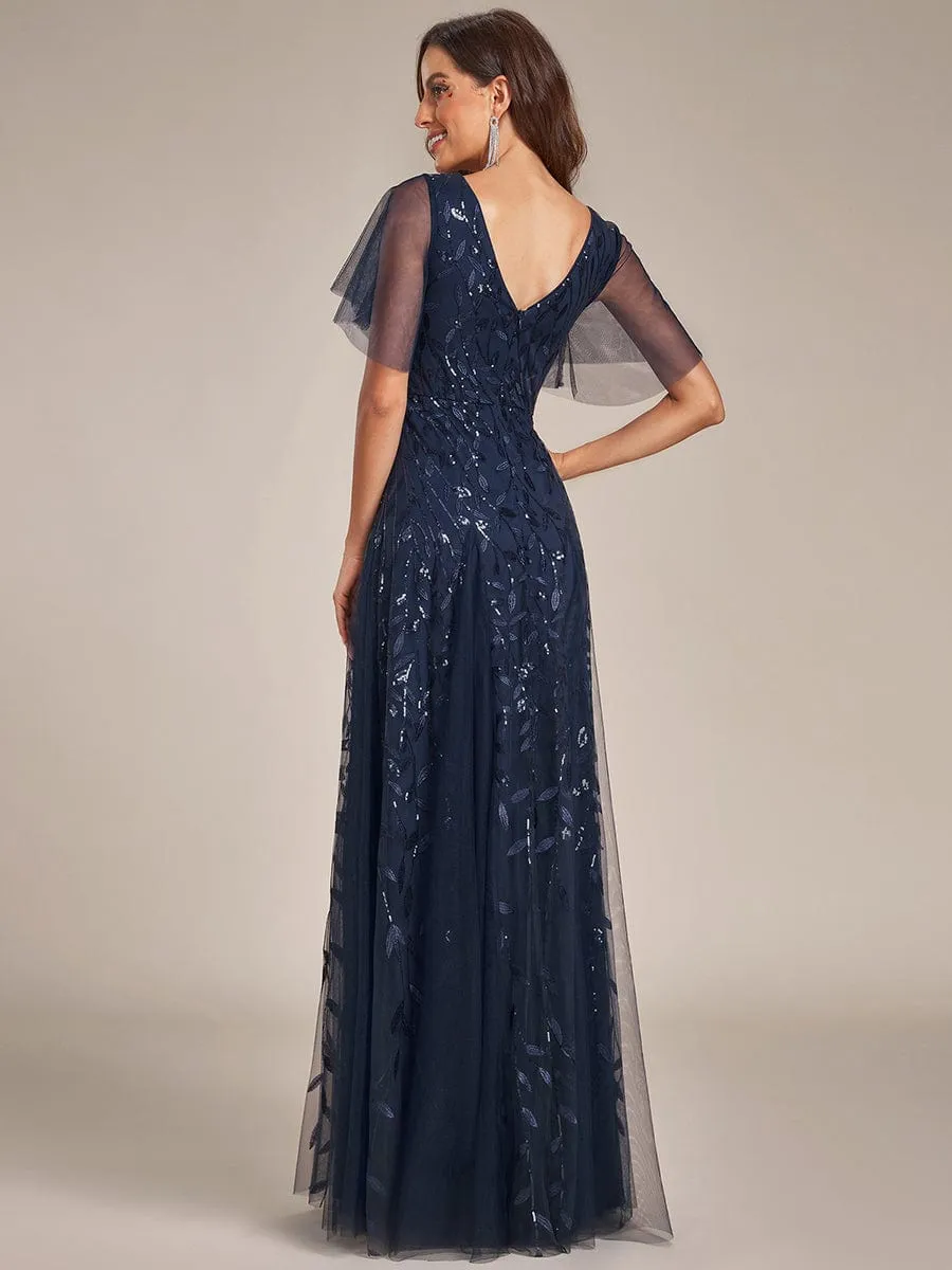 Shimmery V Neck Ruffle Sleeves Sequin Maxi Long Evening Dress