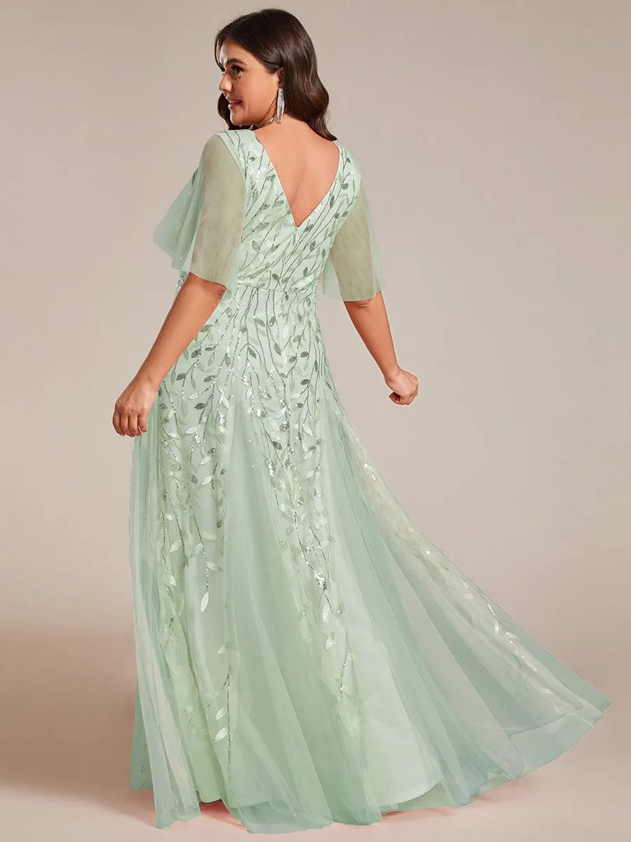 Shimmery V Neck Ruffle Sleeves Sequin Maxi Long Evening Dress