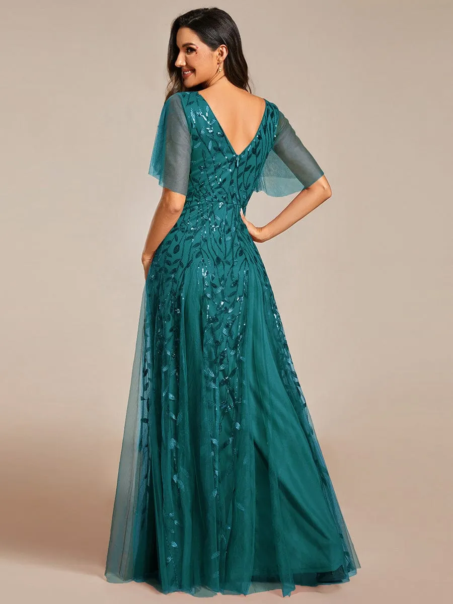 Shimmery V Neck Ruffle Sleeves Sequin Maxi Long Evening Dress