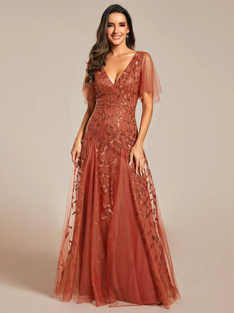 Shimmery V Neck Ruffle Sleeves Sequin Maxi Long Evening Dress