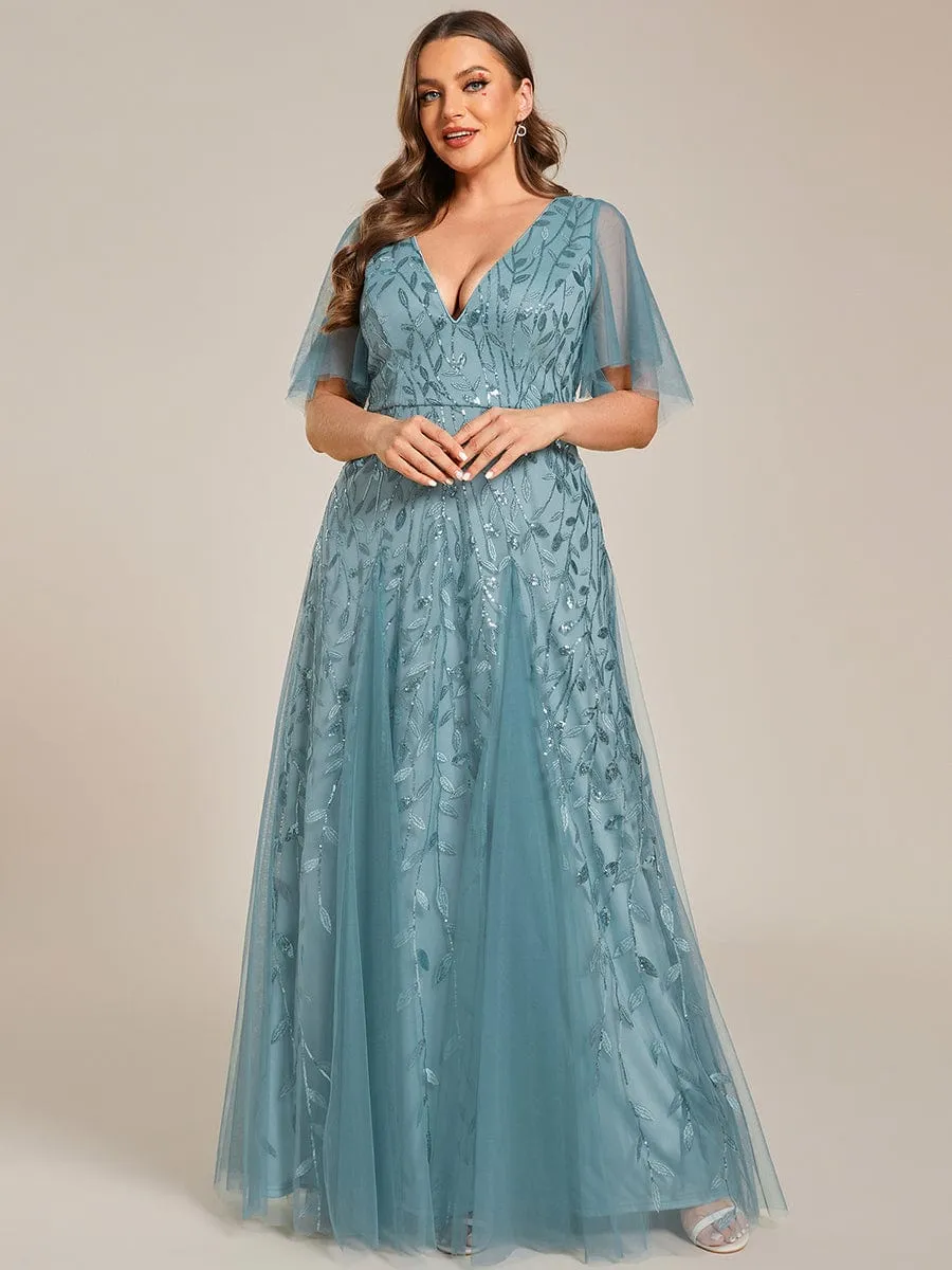 Shimmery V Neck Ruffle Sleeves Sequin Maxi Long Evening Dress