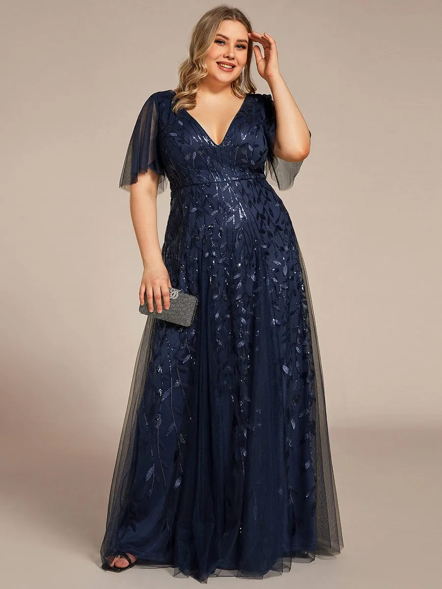 Shimmery V Neck Ruffle Sleeves Sequin Maxi Long Evening Dress