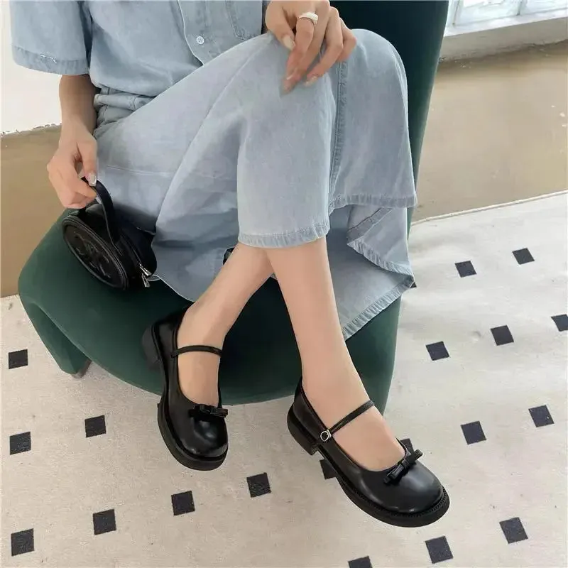 Sohiwoo Brown Cute Mary Jane Ladies Footwear Women's Shoes Kawaii Japanese Style Lolita Gothic Normal Leather Casual Round Toe with Bow