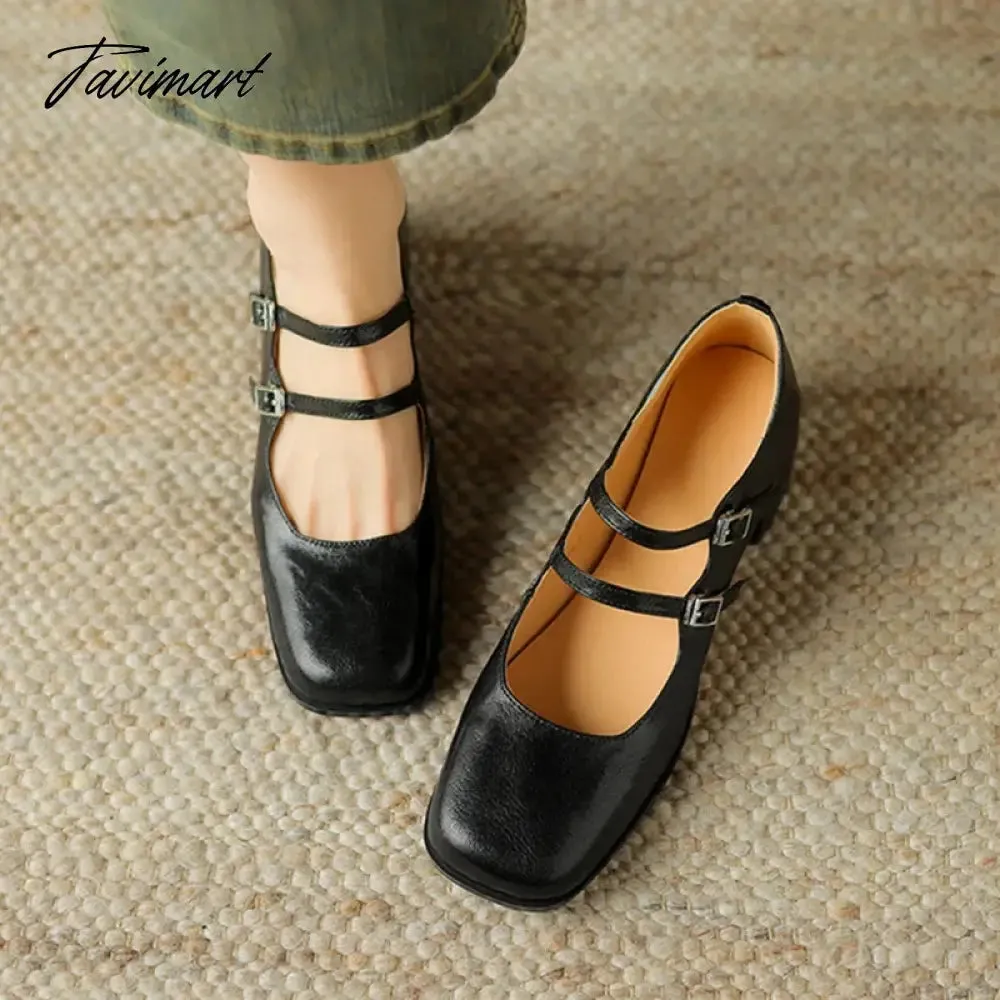 TAVIMART -  NEW Spring Women Pumps Genuine Leather Shoes for Women Square Toe Chunky Heel Shoes Retro Mid-heel Mary Janes Shoes zaptos mujer