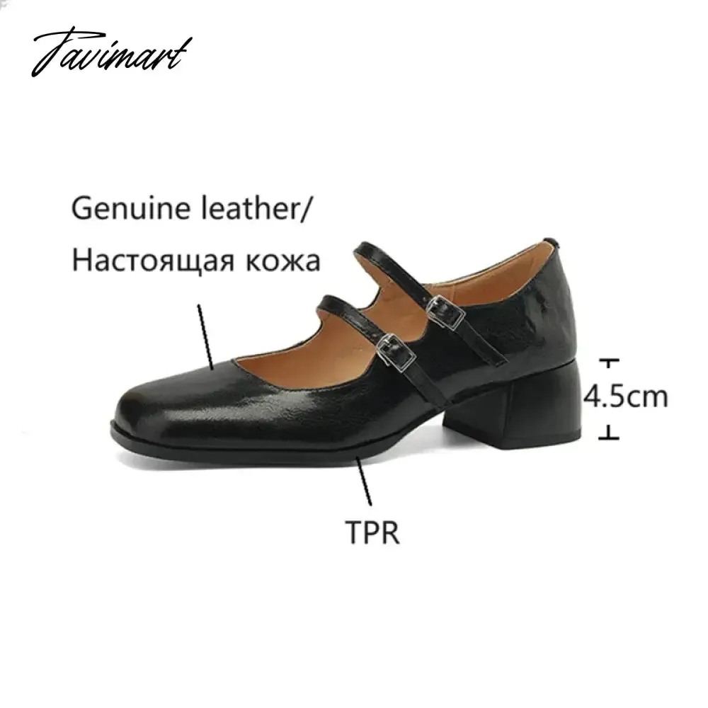 TAVIMART -  NEW Spring Women Pumps Genuine Leather Shoes for Women Square Toe Chunky Heel Shoes Retro Mid-heel Mary Janes Shoes zaptos mujer