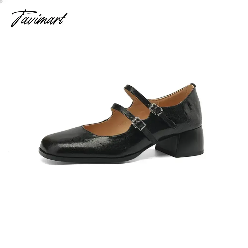 TAVIMART -  NEW Spring Women Pumps Genuine Leather Shoes for Women Square Toe Chunky Heel Shoes Retro Mid-heel Mary Janes Shoes zaptos mujer