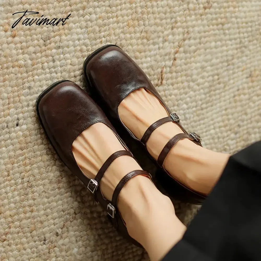 TAVIMART -  NEW Spring Women Pumps Genuine Leather Shoes for Women Square Toe Chunky Heel Shoes Retro Mid-heel Mary Janes Shoes zaptos mujer