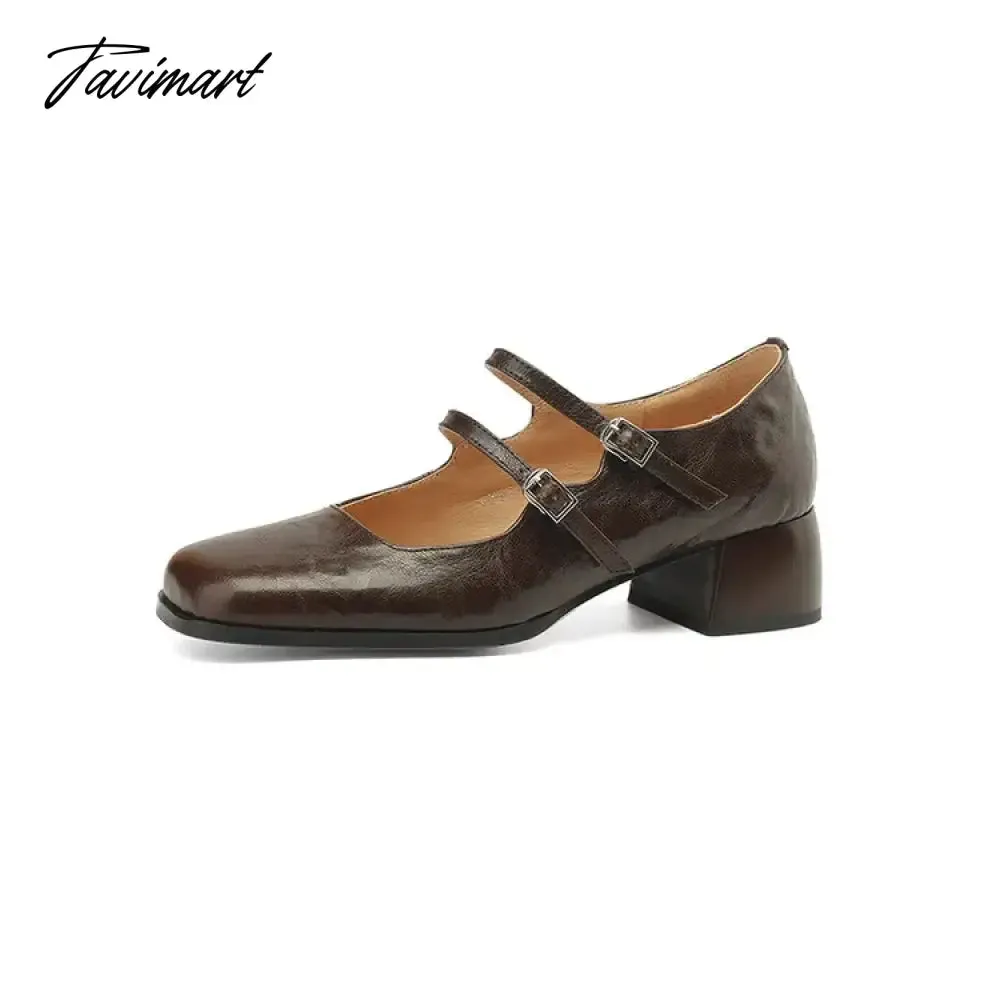 TAVIMART -  NEW Spring Women Pumps Genuine Leather Shoes for Women Square Toe Chunky Heel Shoes Retro Mid-heel Mary Janes Shoes zaptos mujer