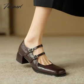 TAVIMART -  NEW Spring Women Pumps Genuine Leather Shoes for Women Square Toe Chunky Heel Shoes Retro Mid-heel Mary Janes Shoes zaptos mujer