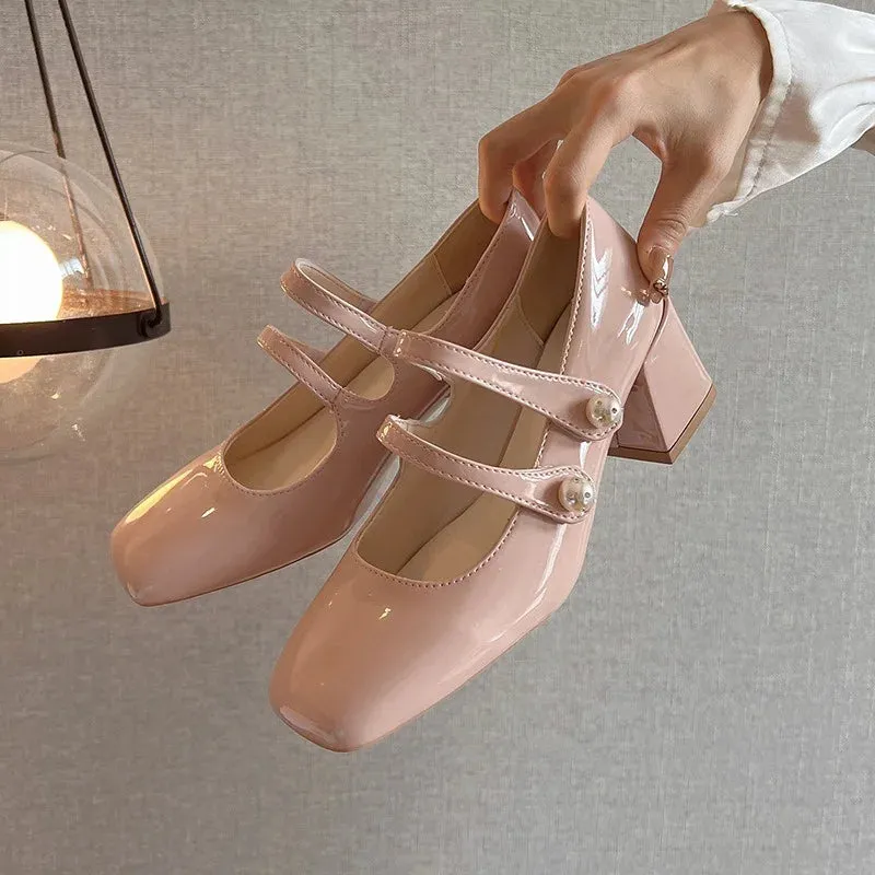 TAVIMART  -  Nude Patent Leather Mary Janes Shoes Retro Square Toe Chunky Heeled Buckle Strap High Heels Fashion Small Leather Ladies Pumps