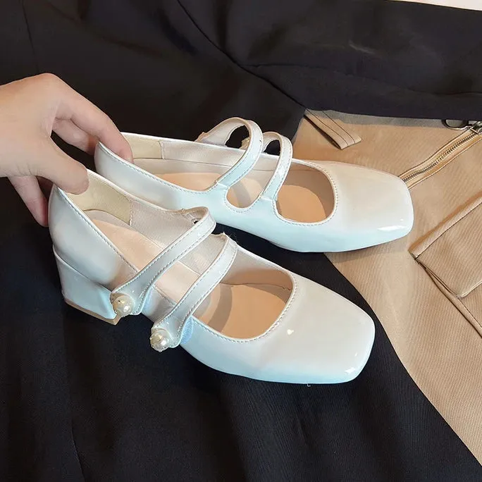 TAVIMART  -  Nude Patent Leather Mary Janes Shoes Retro Square Toe Chunky Heeled Buckle Strap High Heels Fashion Small Leather Ladies Pumps