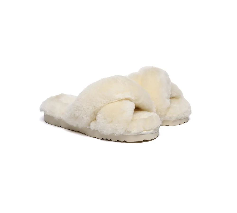 UGG Fluffy Slides Women Sheepskin Wool Crossover Sandals Leanna