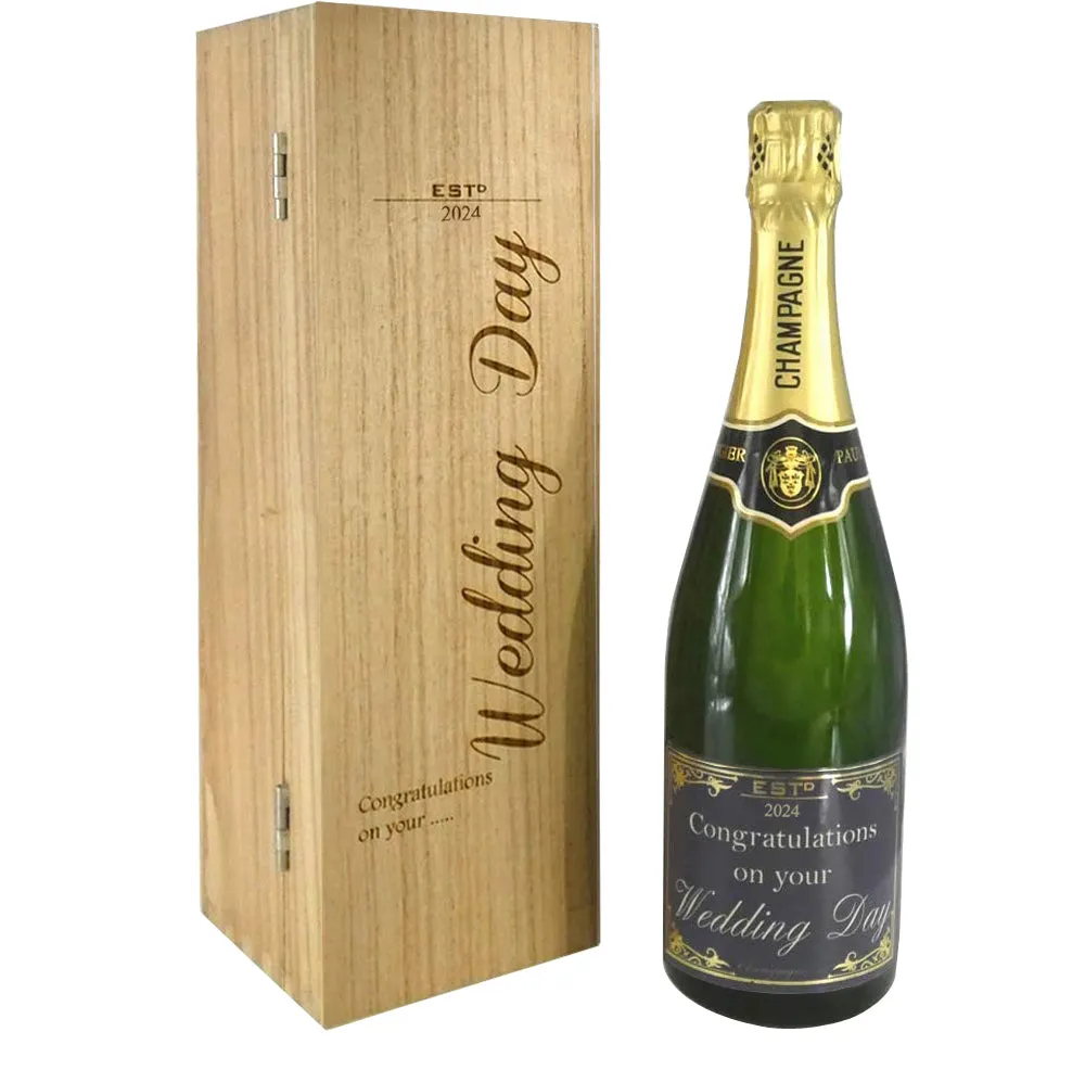 Wedding Day Gift For Couples Personalised 75cl Bottle of Champagne Presented in an engraved Wooden Box 2024